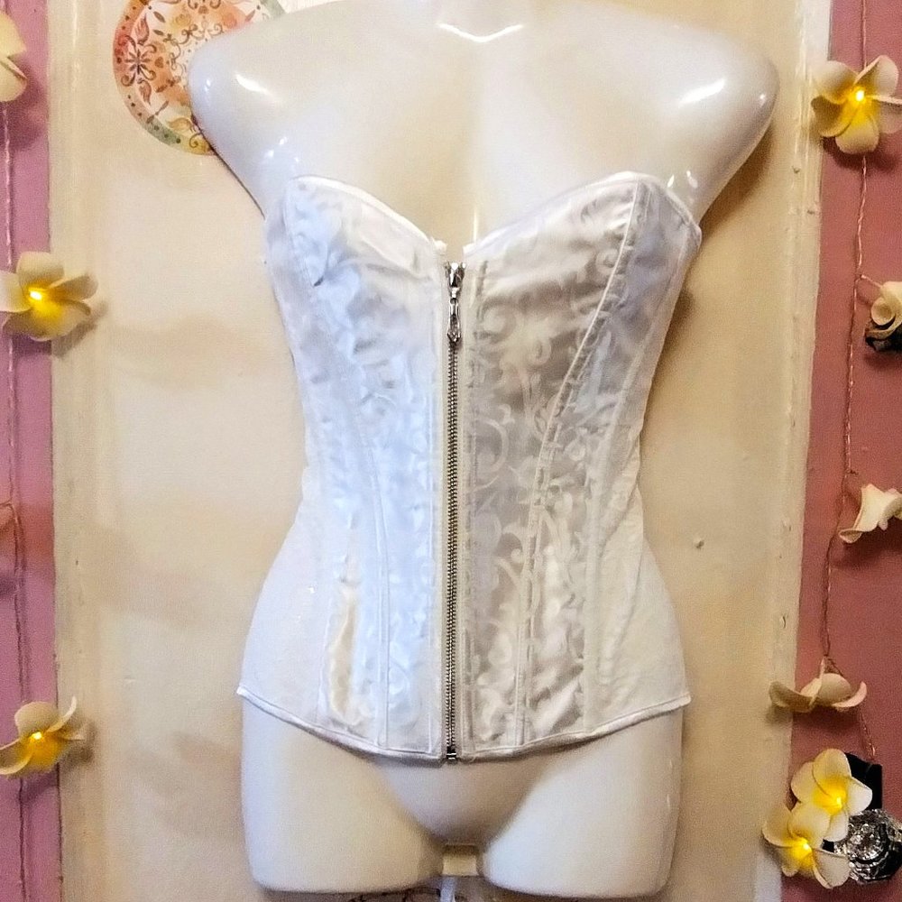 White Lace and Satin Sweetheart Overbust Front Zip Corset (L)